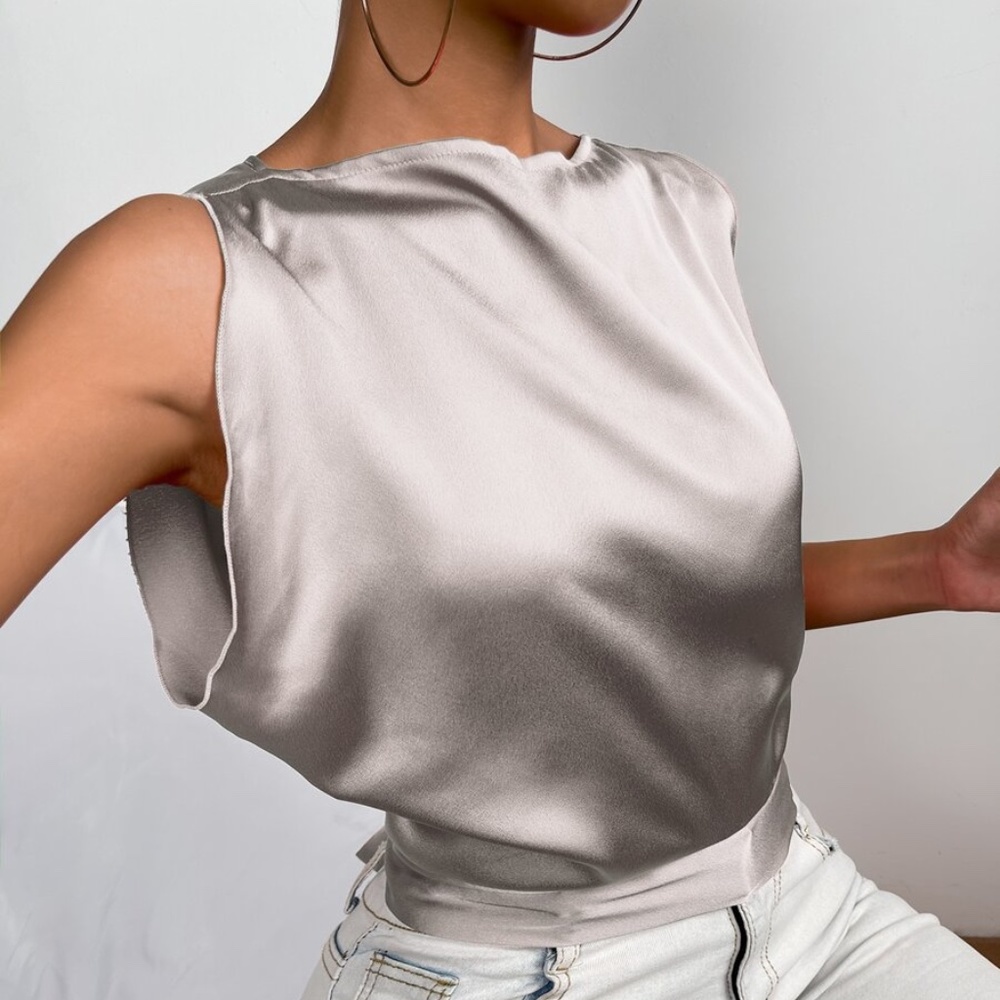 Boho silver Grey Cut out Back Satin Crop Top - Picture 7 of 12